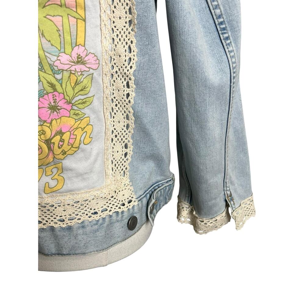 OOAK Upcycled Billabong Denim Jacket Womens XL Surf Boho Lace Patchwork - Picture 8 of 12